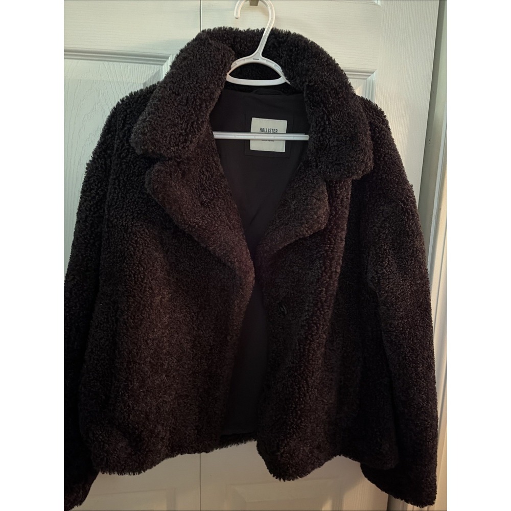Hollister Faux Fur Teddy Jacket Womens M Black Y2K Mob Wife Quiet Luxury Coat